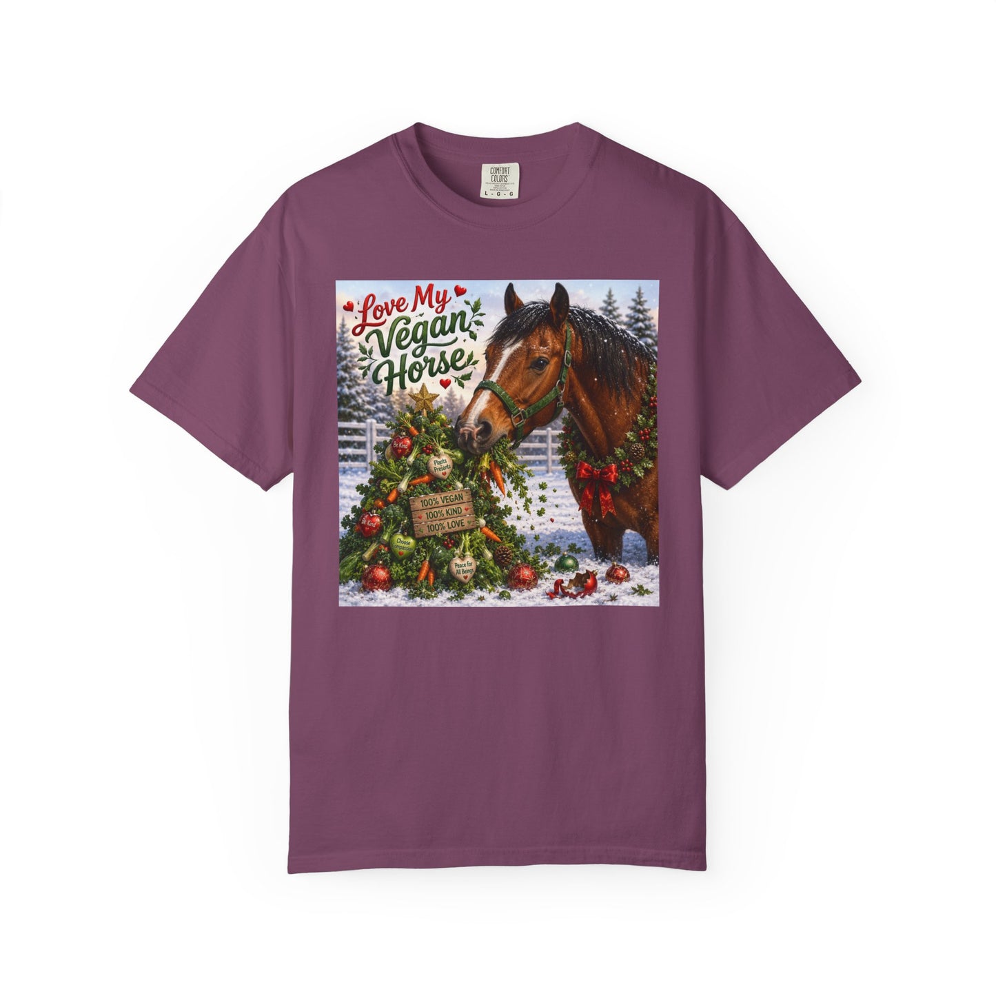 Vegan Christmas T-Shirt – "Love My Vegan Horse" Holiday Tee