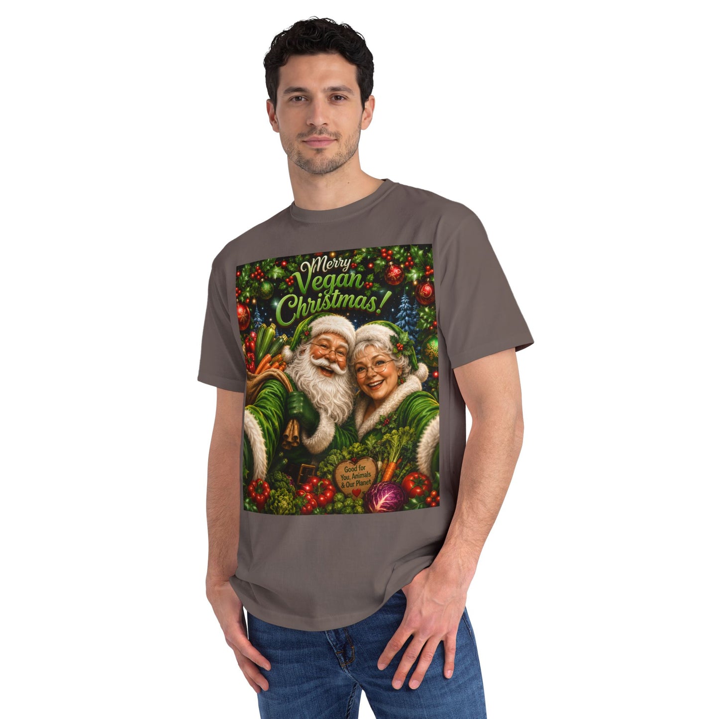 Organic  cotton Merry Vegan Christmas-Santa and Mrs Santa Selfie T-shirt