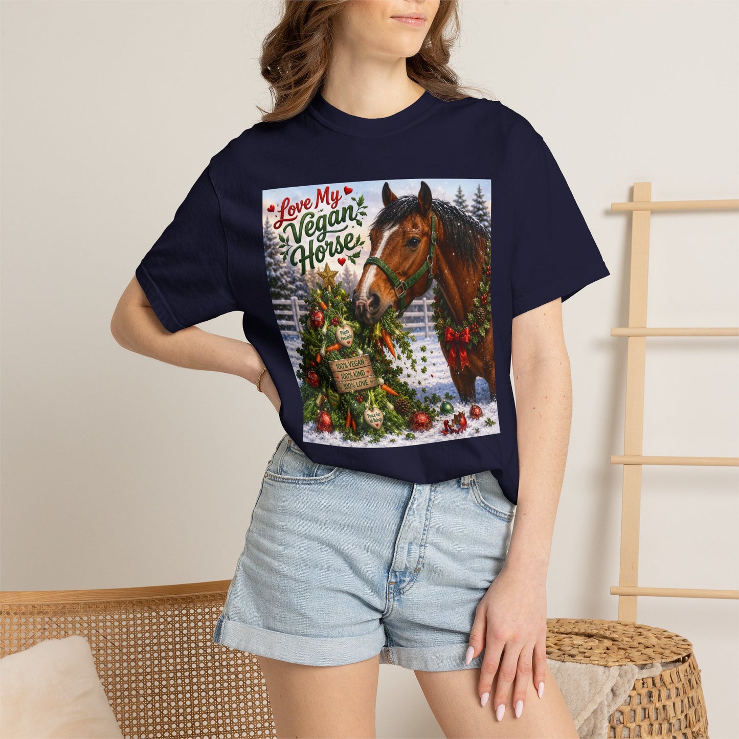 Vegan Christmas T-Shirt – "Love My Vegan Horse" Holiday Tee
