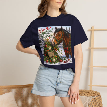 Vegan Christmas T-Shirt – "Love My Vegan Horse" Holiday Tee