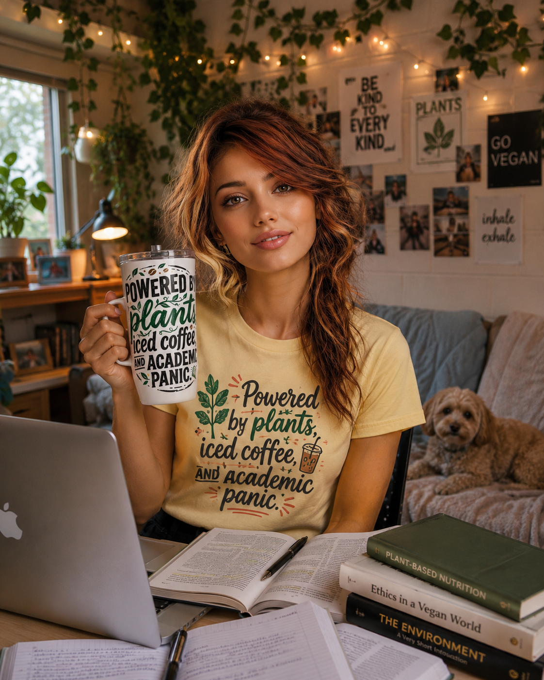 20oz Insulated Coffee Tumbler — “Powered by Plants, Iced Coffee, and Academic Panic”