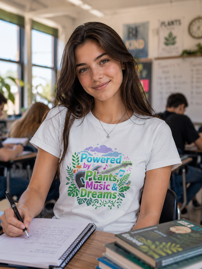 Youth Tee — “Powered by Plants, Music & Dreams” Floral Guitar Kids T-Shirt
