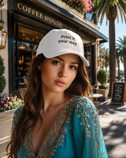 Classic Dad Cap — White Embroidered "Print it your way" Baseball Hat