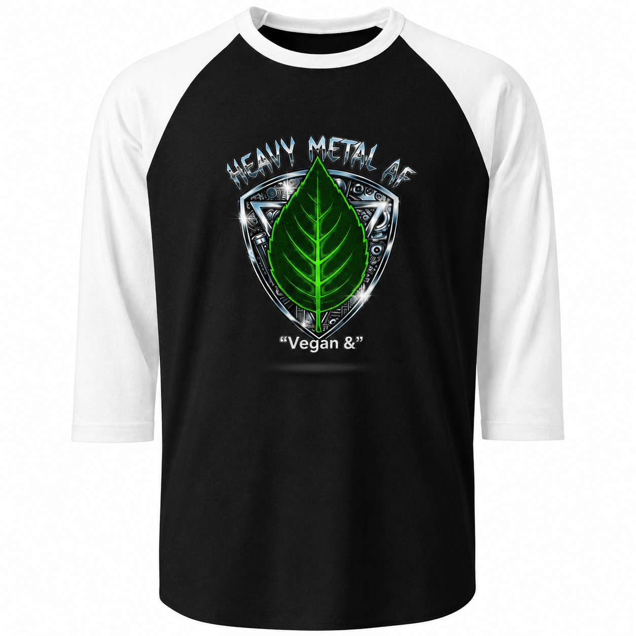 Vegan and Heavy Metal AF Crest Raglan Shirt | Vegan Pride Logo 3/4 Sleeve