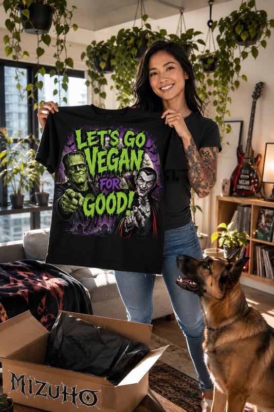 Let's Go Vegan for Good T-Shirt — Retro Frankenstein & Vampire Halloween Vegan Tee