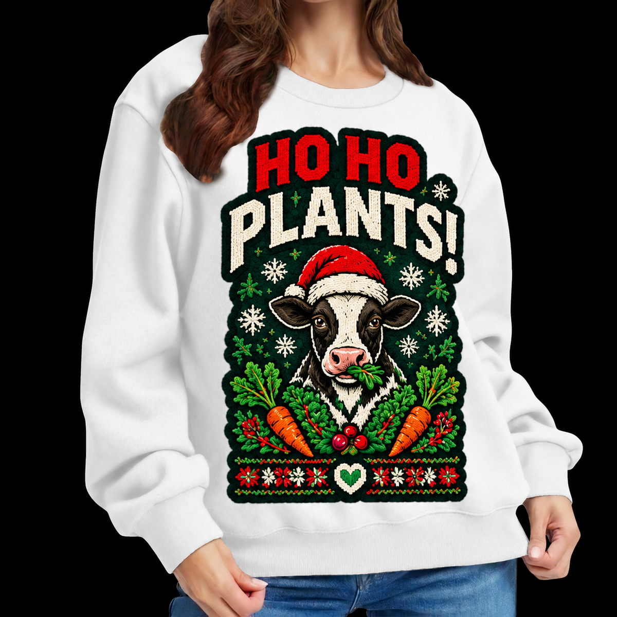 Ho Ho Plants Christmas Vegan Cow UGLY Crew Neck Sweater