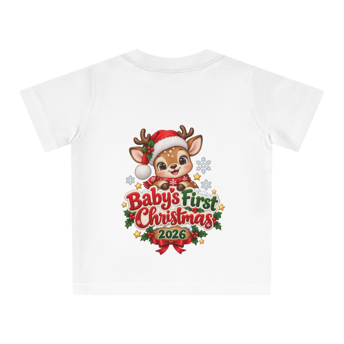 Baby's First Christmas 2026 Baby T-Shirt – Cute Reindeer Holiday Tee