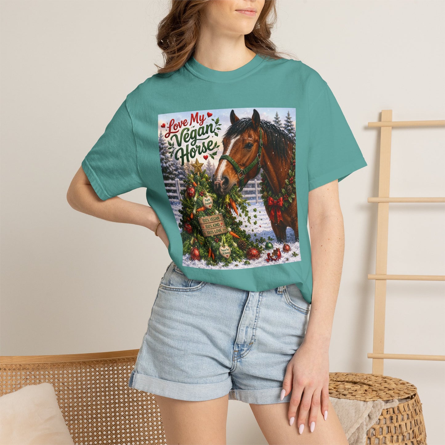 Vegan Christmas T-Shirt – "Love My Vegan Horse" Holiday Tee