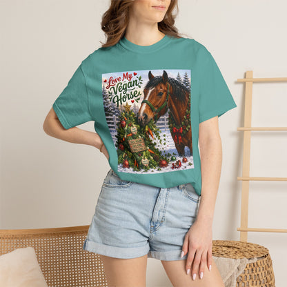 Vegan Christmas T-Shirt – "Love My Vegan Horse" Holiday Tee
