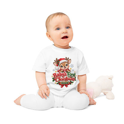 Baby's First Christmas 2026 Baby T-Shirt – Cute Reindeer Holiday Tee