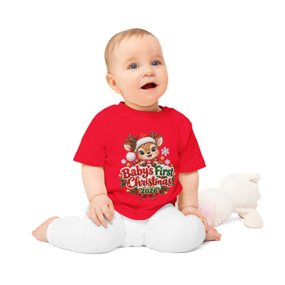 Baby's First Christmas 2026 Baby T-Shirt – Cute Reindeer Holiday Tee