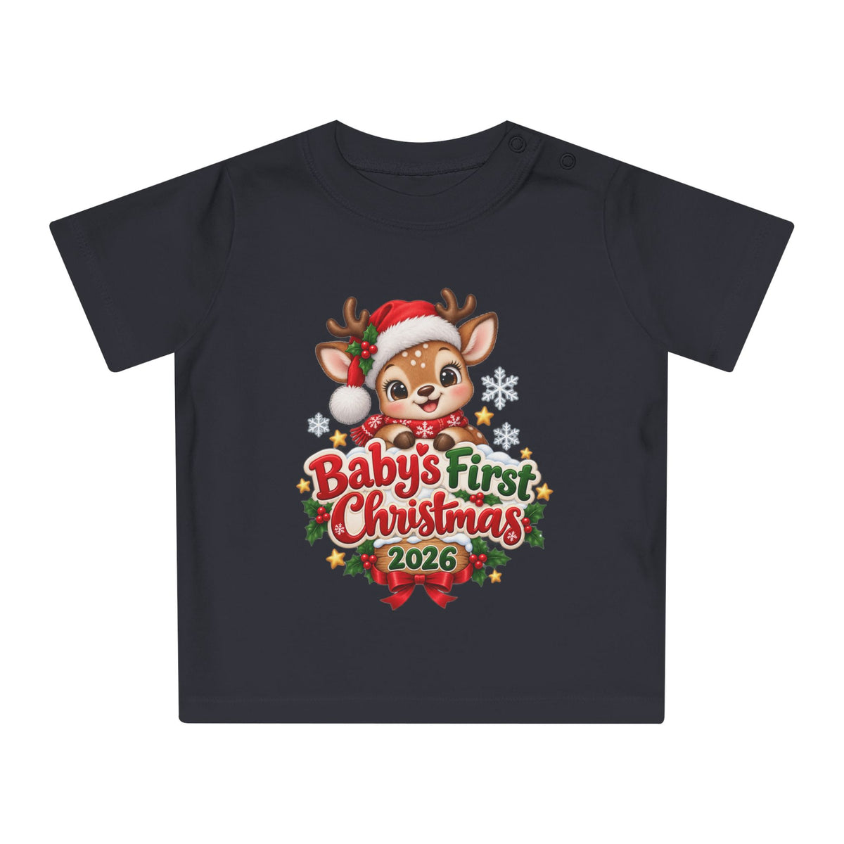 Baby's First Christmas 2026 Baby T-Shirt – Cute Reindeer Holiday Tee