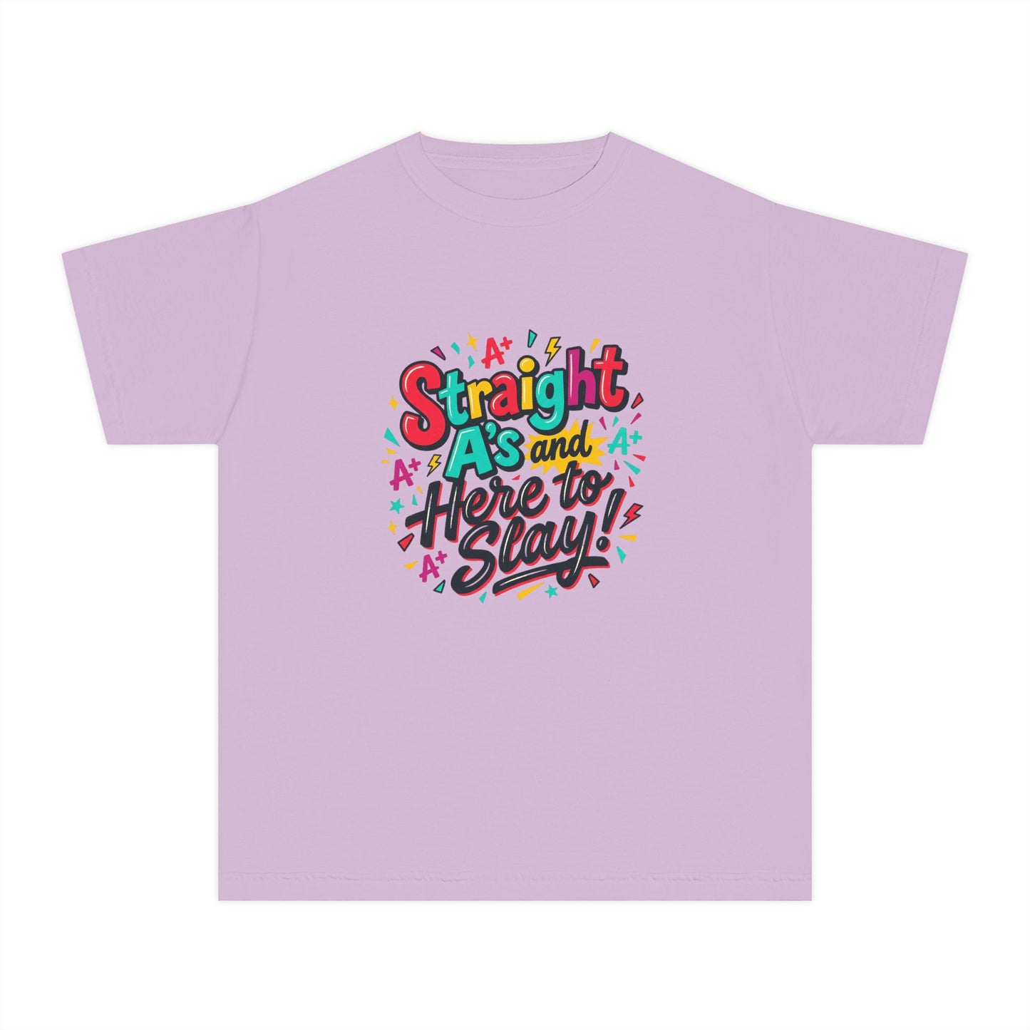 Youth Tee — “Straight As and Here to Slay!” Colorful Pride Graphic