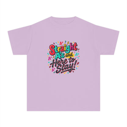 Youth Tee — “Straight As and Here to Slay!” Colorful Pride Graphic