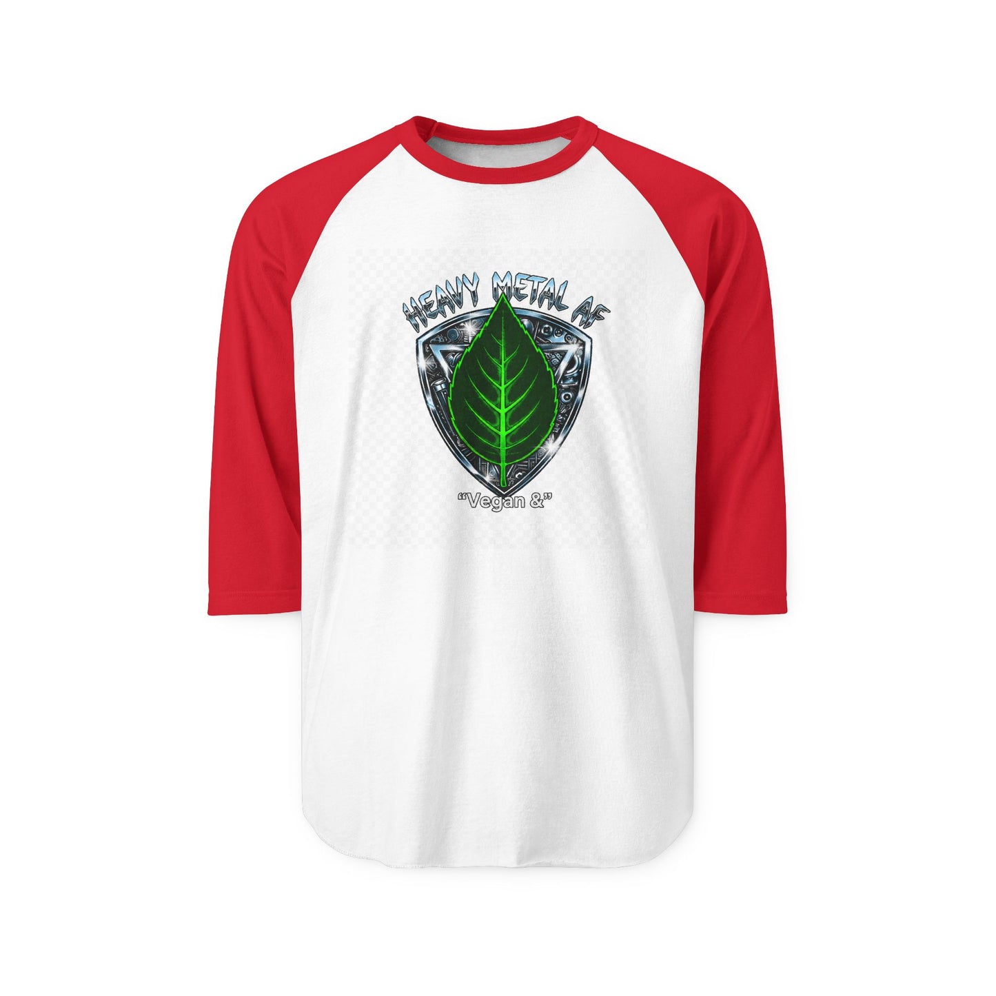 Vegan and Heavy Metal AF Crest Raglan Shirt | Vegan Pride Logo 3/4 Sleeve
