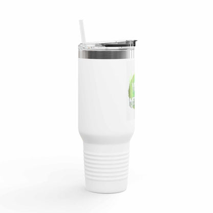 40oz insulated stainless steel travel mug with Vegan & Metal AF graphic and ergonomic handle