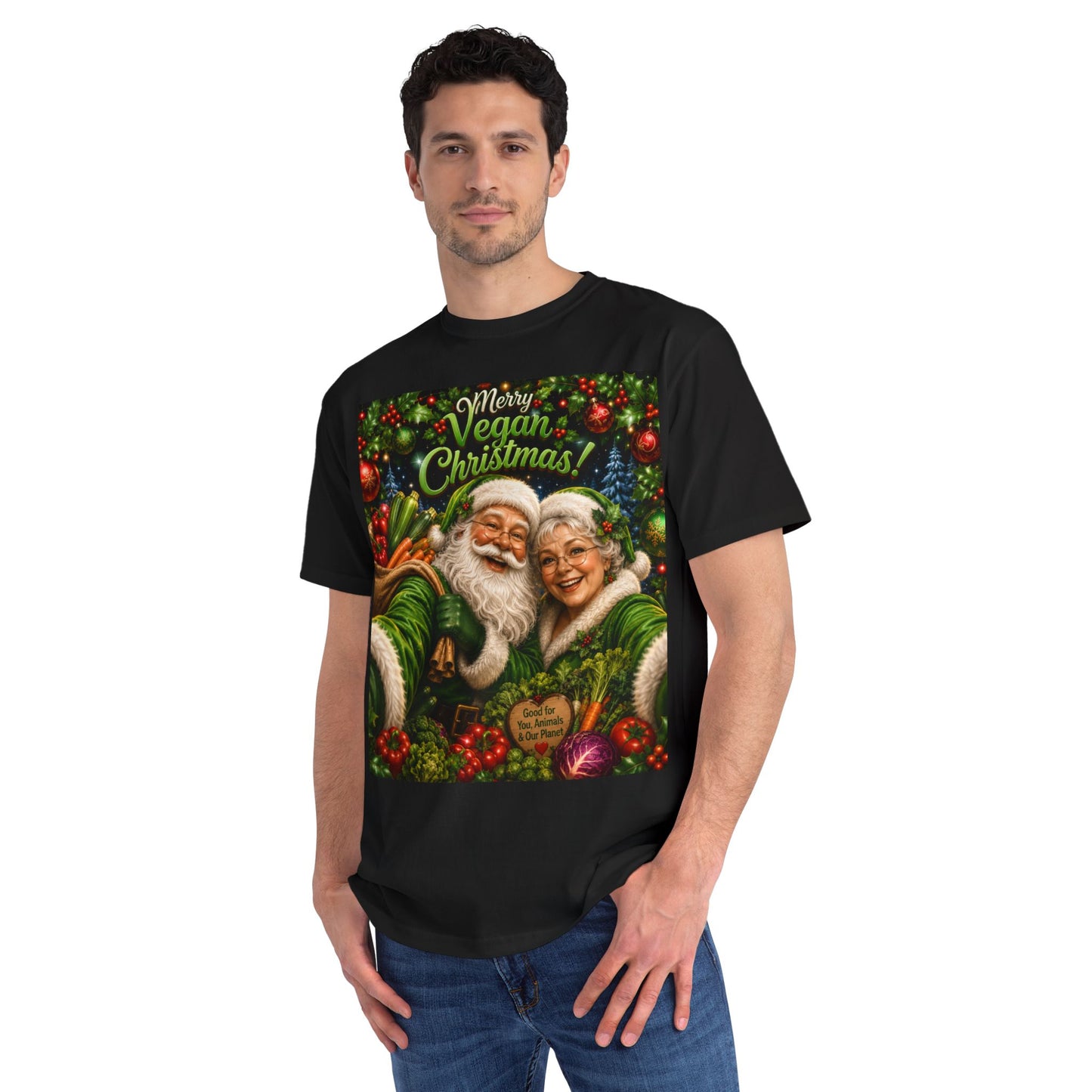 Organic  cotton Merry Vegan Christmas-Santa and Mrs Santa Selfie T-shirt