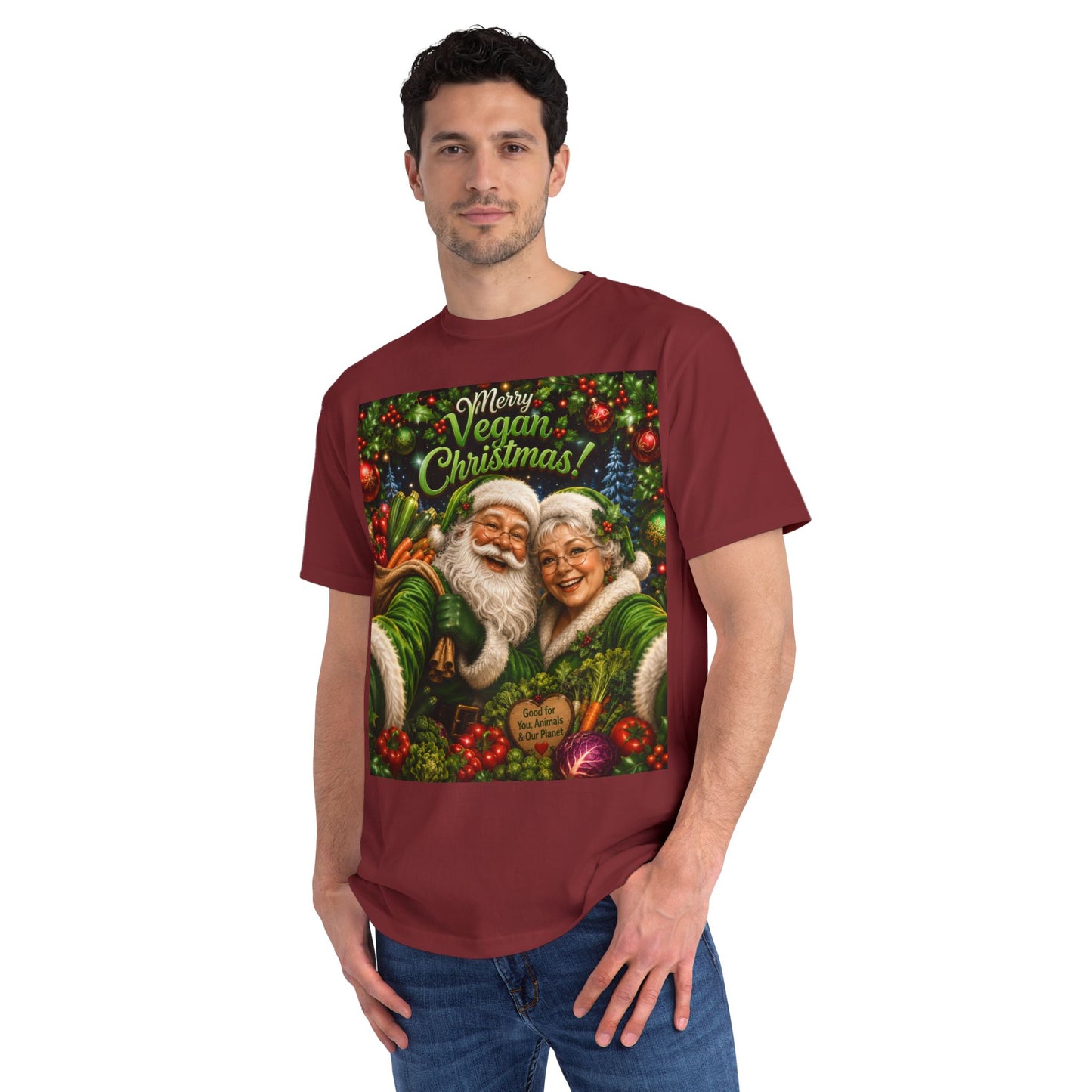 Organic  cotton Merry Vegan Christmas-Santa and Mrs Santa Selfie T-shirt