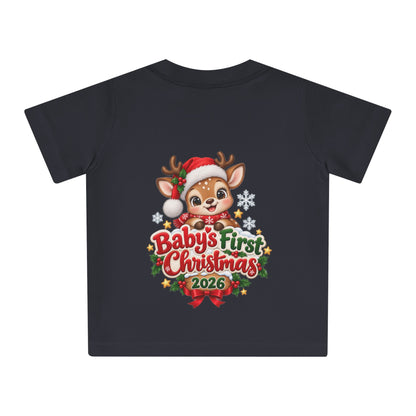 Baby's First Christmas 2026 Baby T-Shirt – Cute Reindeer Holiday Tee