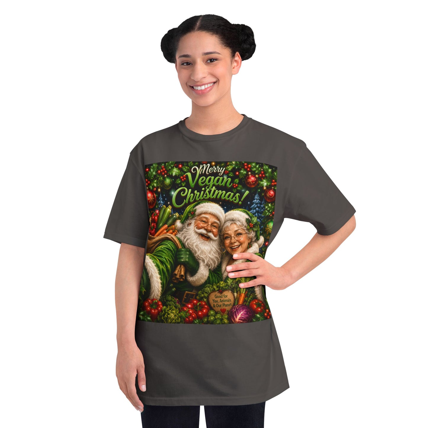 Organic  cotton Merry Vegan Christmas-Santa and Mrs Santa Selfie T-shirt