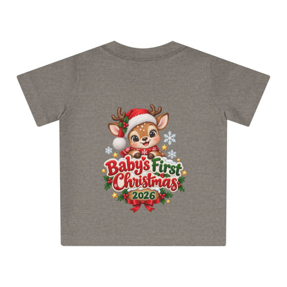 Baby's First Christmas 2026 Baby T-Shirt – Cute Reindeer Holiday Tee
