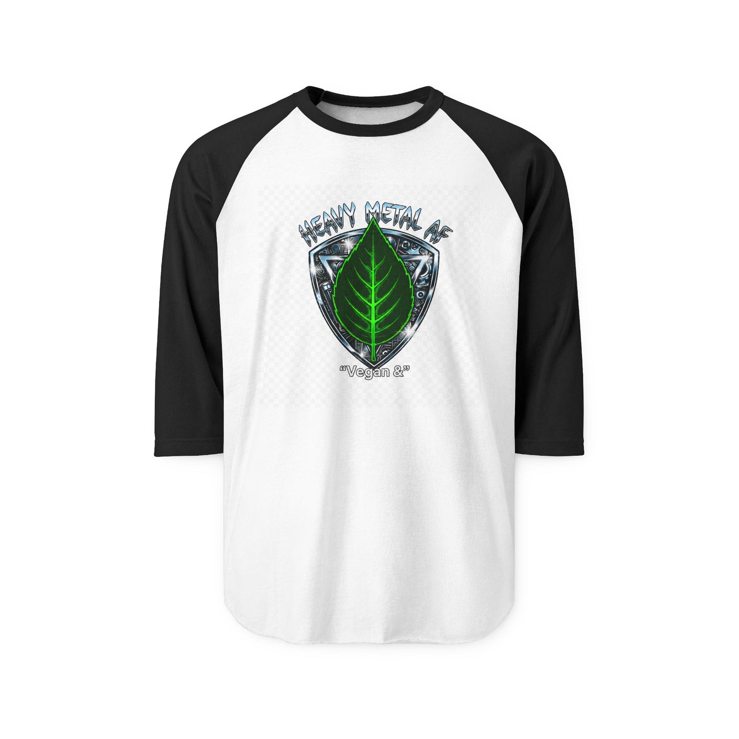 Vegan and Heavy Metal AF Crest Raglan Shirt | Vegan Pride Logo 3/4 Sleeve
