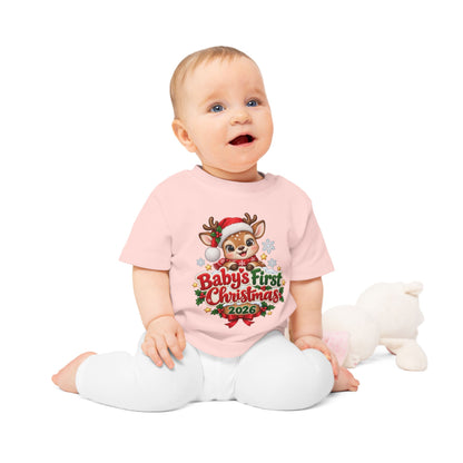 Baby's First Christmas 2026 Baby T-Shirt – Cute Reindeer Holiday Tee