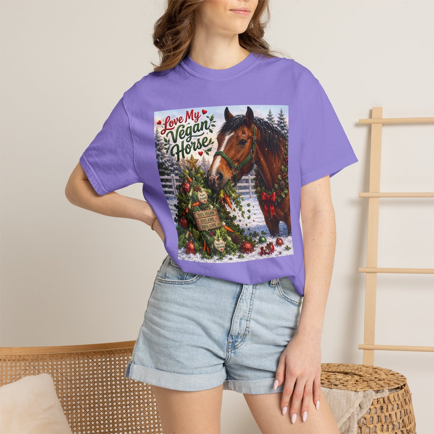 Vegan Christmas T-Shirt – "Love My Vegan Horse" Holiday Tee