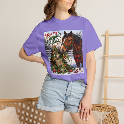 Vegan Christmas T-Shirt – "Love My Vegan Horse" Holiday Tee