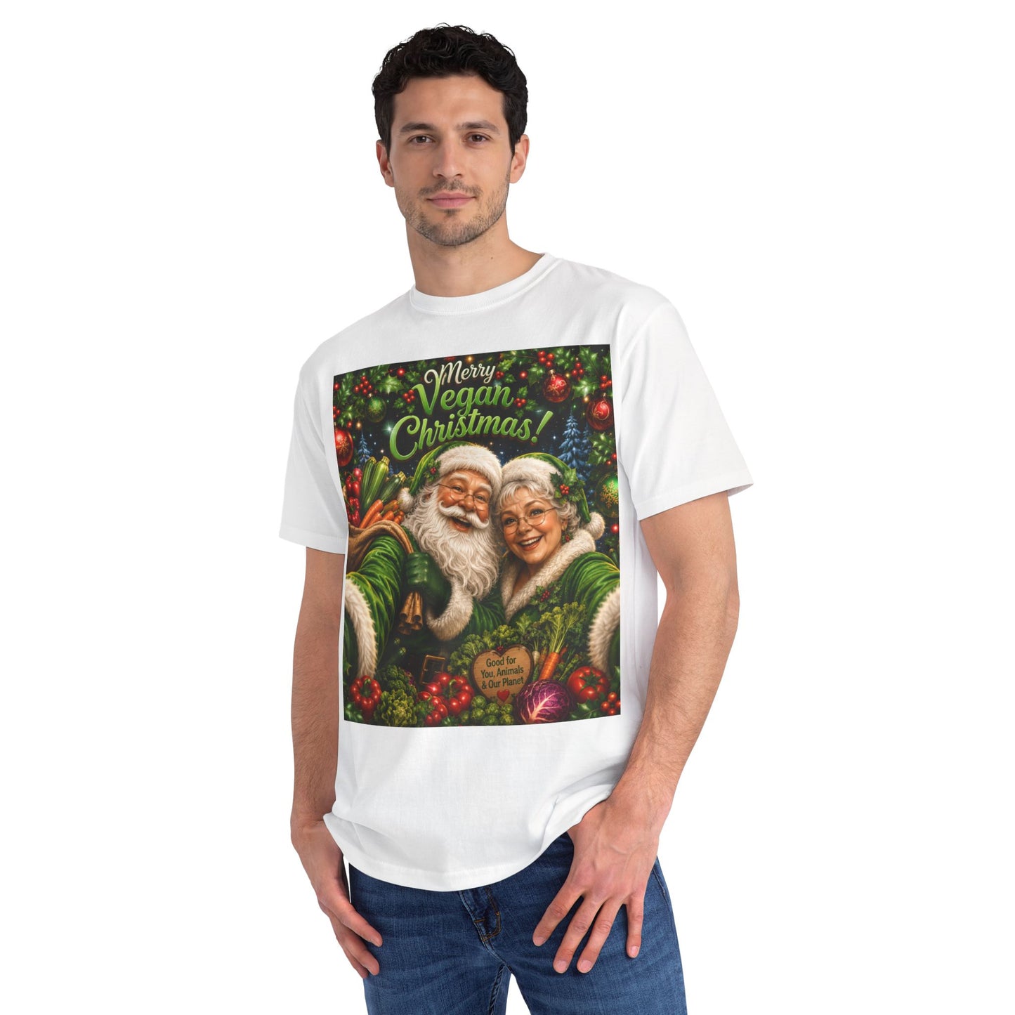 Organic  cotton Merry Vegan Christmas-Santa and Mrs Santa Selfie T-shirt