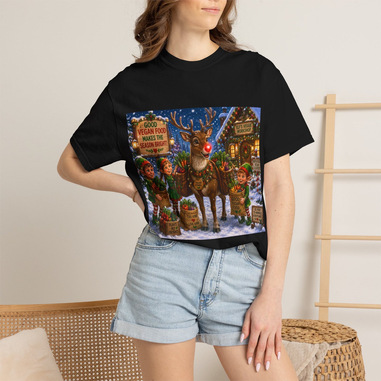 Merry Vegan Christmas T-Shirt - Rudolph & The Elves — Festive Holiday Vegan Graphic Tee
