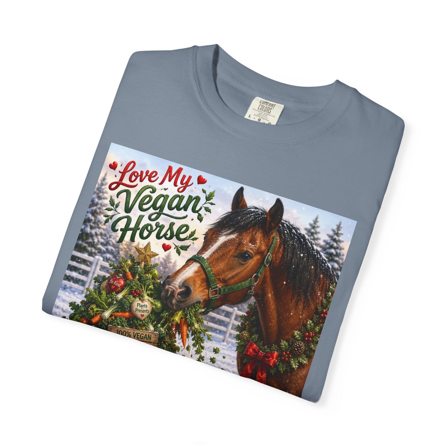 Vegan Christmas T-Shirt – "Love My Vegan Horse" Holiday Tee