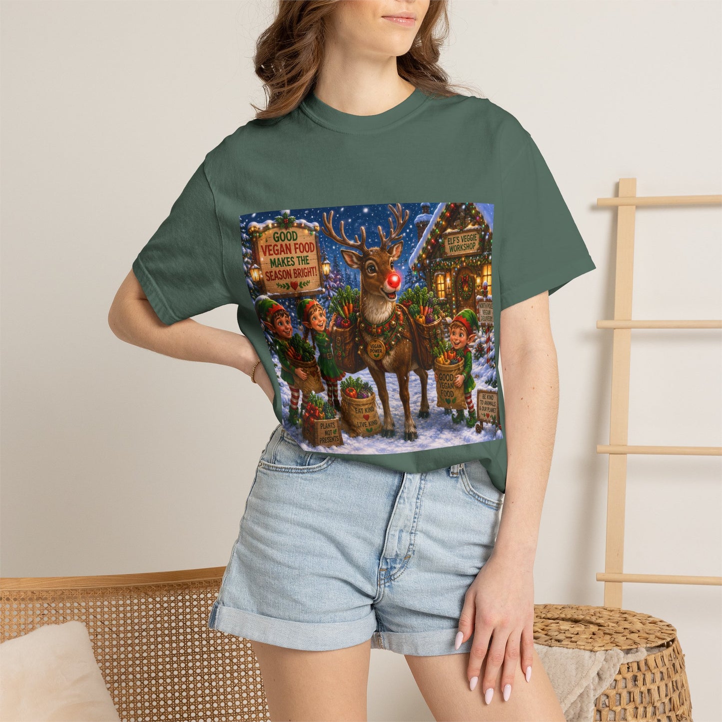 Merry Vegan Christmas T-Shirt - Rudolph & The Elves — Festive Holiday Vegan Graphic Tee