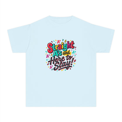 Youth Tee — “Straight As and Here to Slay!” Colorful Pride Graphic