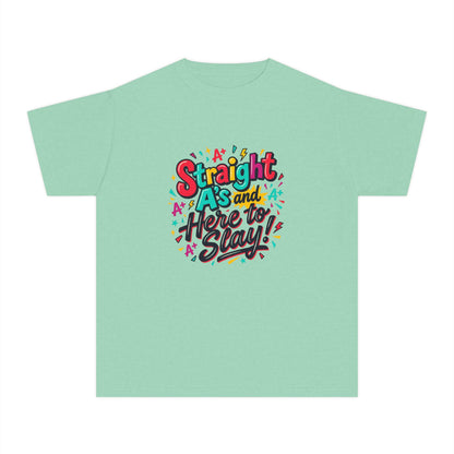 Youth Tee — “Straight As and Here to Slay!” Colorful Pride Graphic