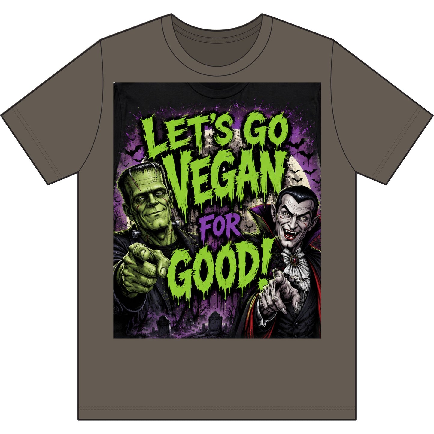 Let's Go Vegan for Good T-Shirt — Retro Frankenstein & Vampire Halloween Vegan Tee