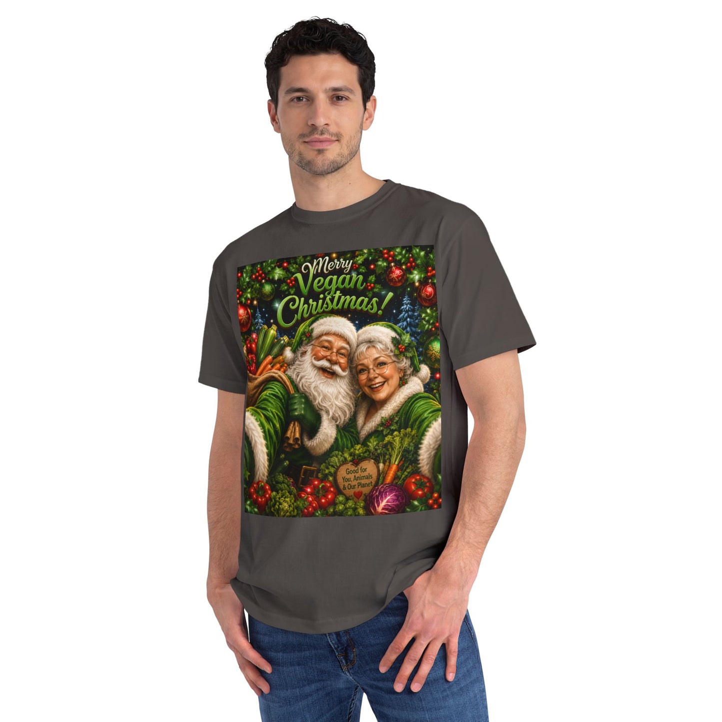 Organic  cotton Merry Vegan Christmas-Santa and Mrs Santa Selfie T-shirt