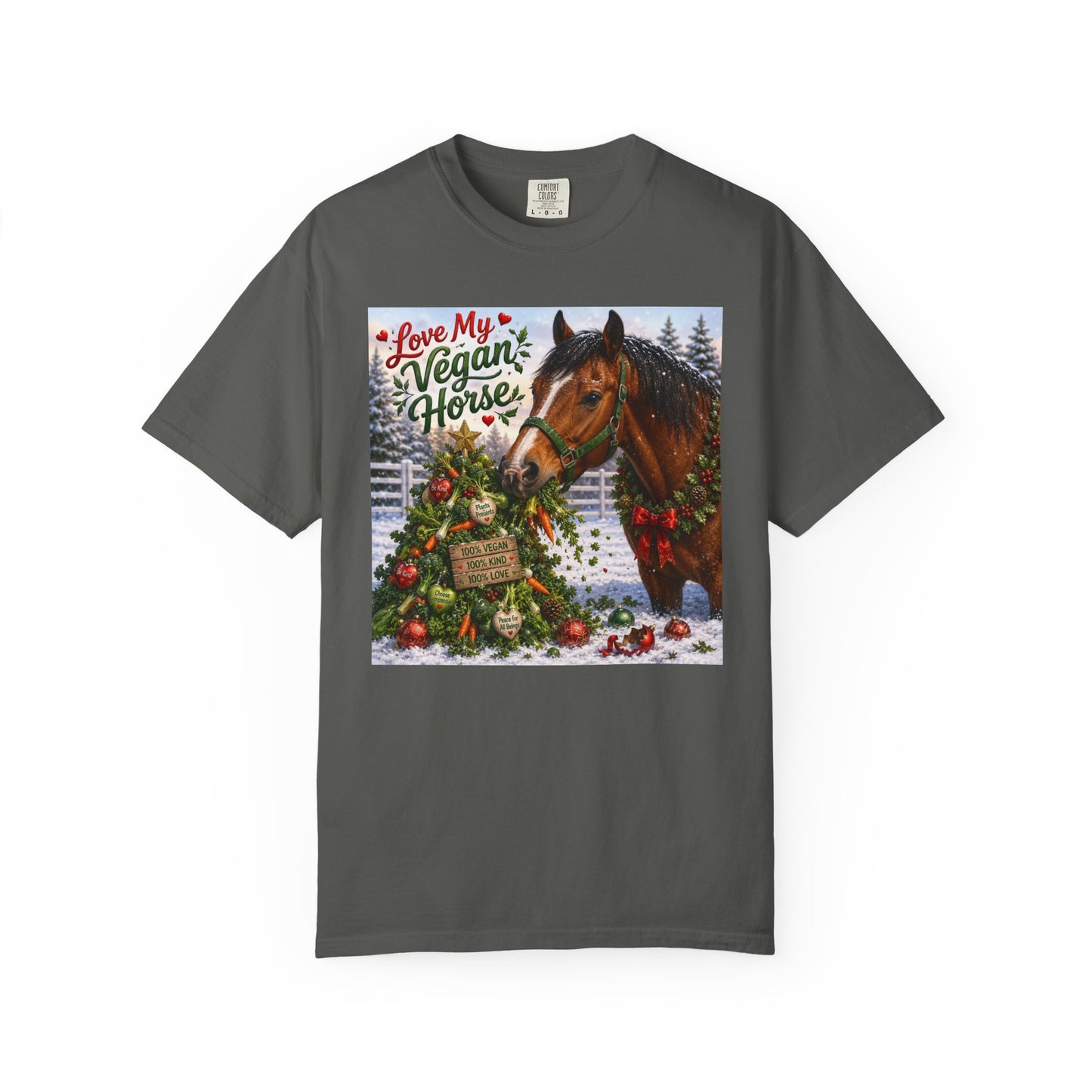 Vegan Christmas T-Shirt – "Love My Vegan Horse" Holiday Tee
