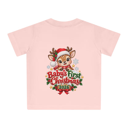 Baby's First Christmas 2026 Baby T-Shirt – Cute Reindeer Holiday Tee