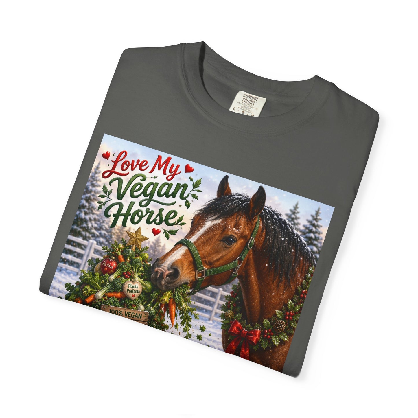 Vegan Christmas T-Shirt – "Love My Vegan Horse" Holiday Tee