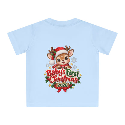 Baby's First Christmas 2026 Baby T-Shirt – Cute Reindeer Holiday Tee