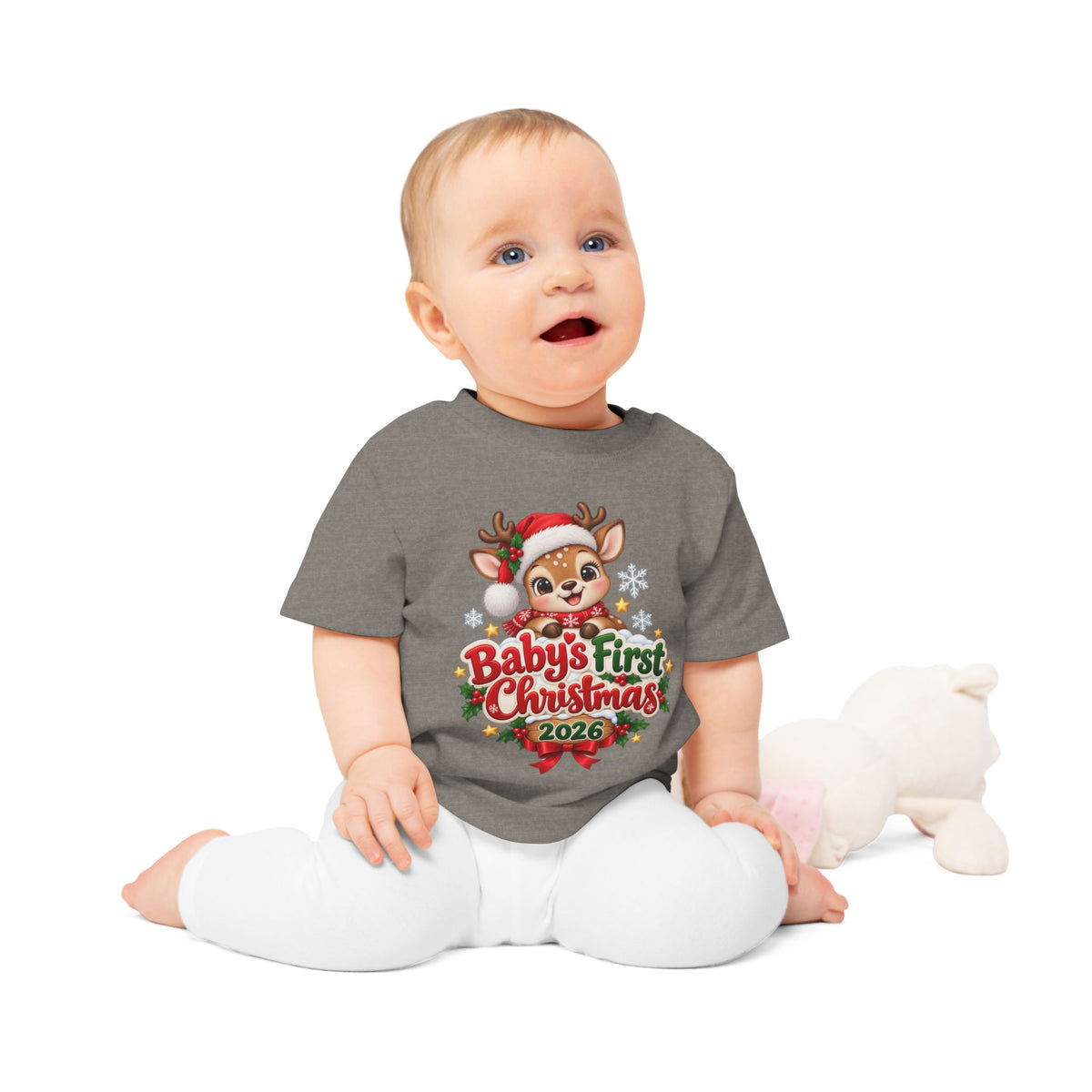 Baby's First Christmas 2026 Baby T-Shirt – Cute Reindeer Holiday Tee