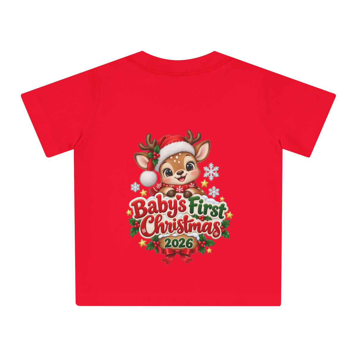 Baby's First Christmas 2026 Baby T-Shirt – Cute Reindeer Holiday Tee