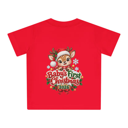 Baby's First Christmas 2026 Baby T-Shirt – Cute Reindeer Holiday Tee