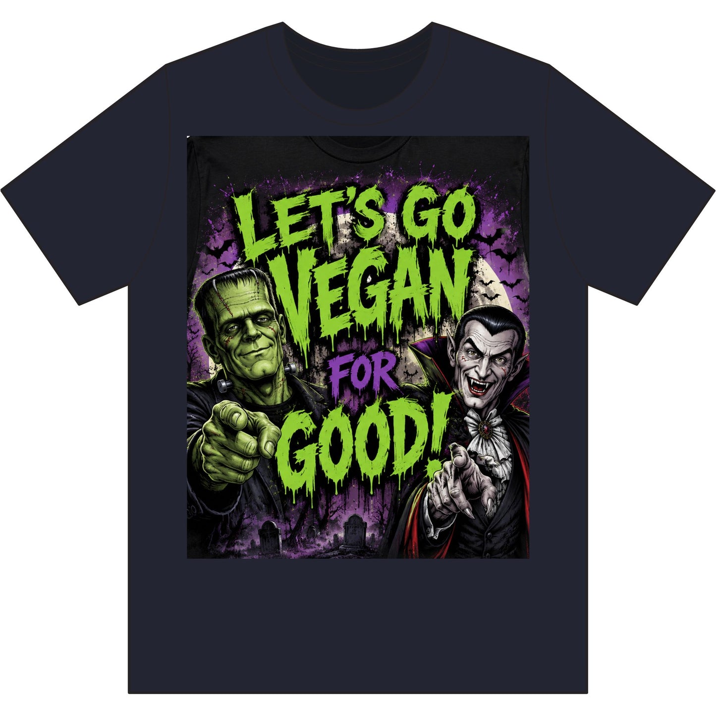 Let's Go Vegan for Good T-Shirt — Retro Frankenstein & Vampire Halloween Vegan Tee