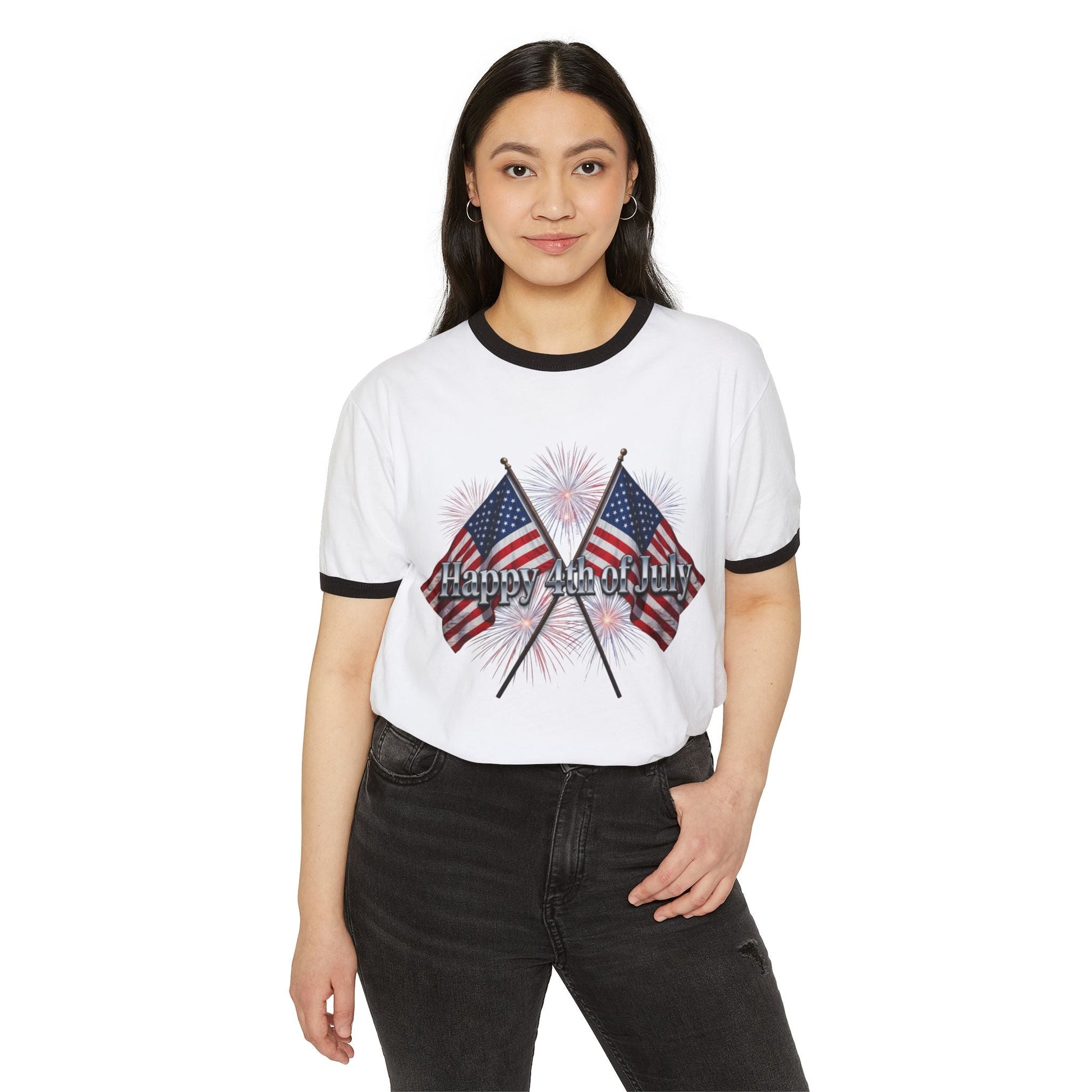 4th of July ringer t-shirt with vintage American flags and "Happy Birthday America" design