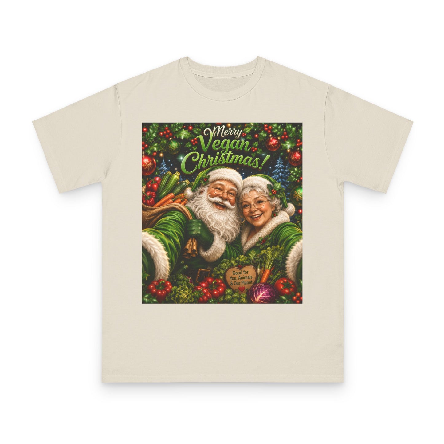 Organic  cotton Merry Vegan Christmas-Santa and Mrs Santa Selfie T-shirt