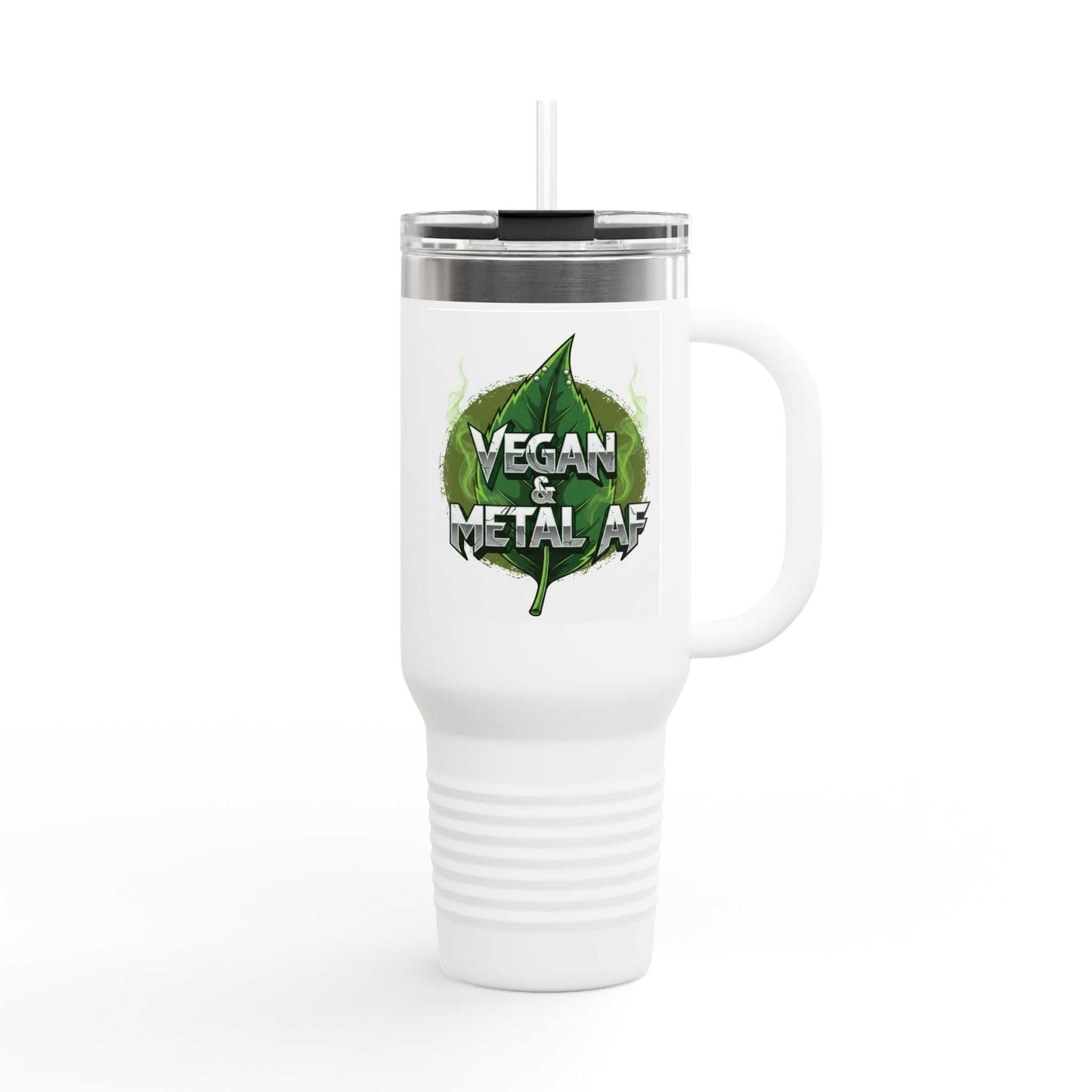 40oz insulated travel mug with Vegan & Metal AF graphic and ergonomic handle