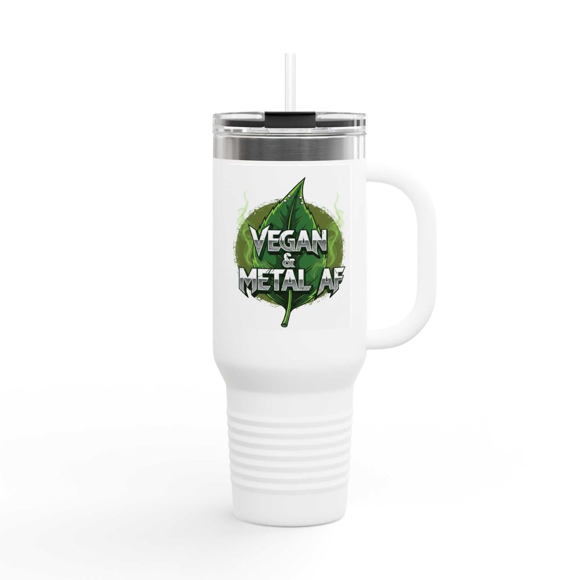 40oz insulated travel mug with Vegan & Metal AF graphic and ergonomic handle