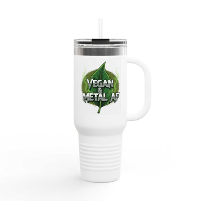 40oz insulated travel mug with Vegan & Metal AF graphic and ergonomic handle